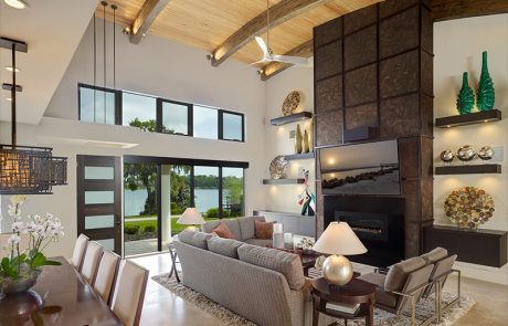 Private Residence, Florida, family area with fireplace and lake view